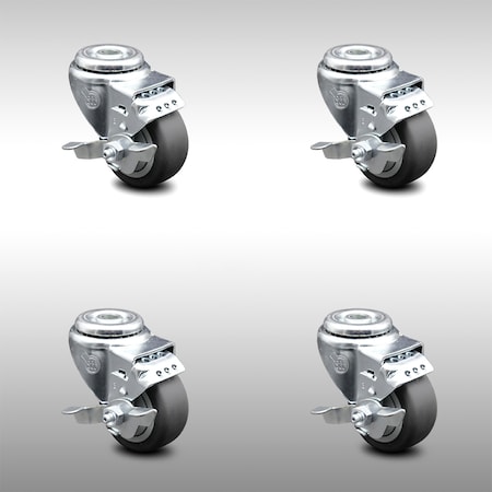 Service Caster 3.5 Inch SS Thermoplastic Rubber Wheel Swivel Bolt Hole Caster Set with Brake SCC-SSBH20S3514-TPRB-TLB-4
